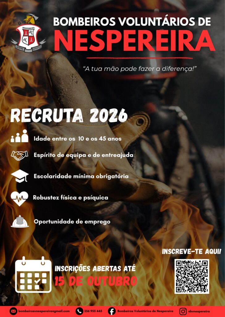 Cartaz da Recruta 2026 dos Bombeiros Voluntários de Nespereira: inscrições abertas até 15 de outubro, idade entre os 10 e os 45 anos